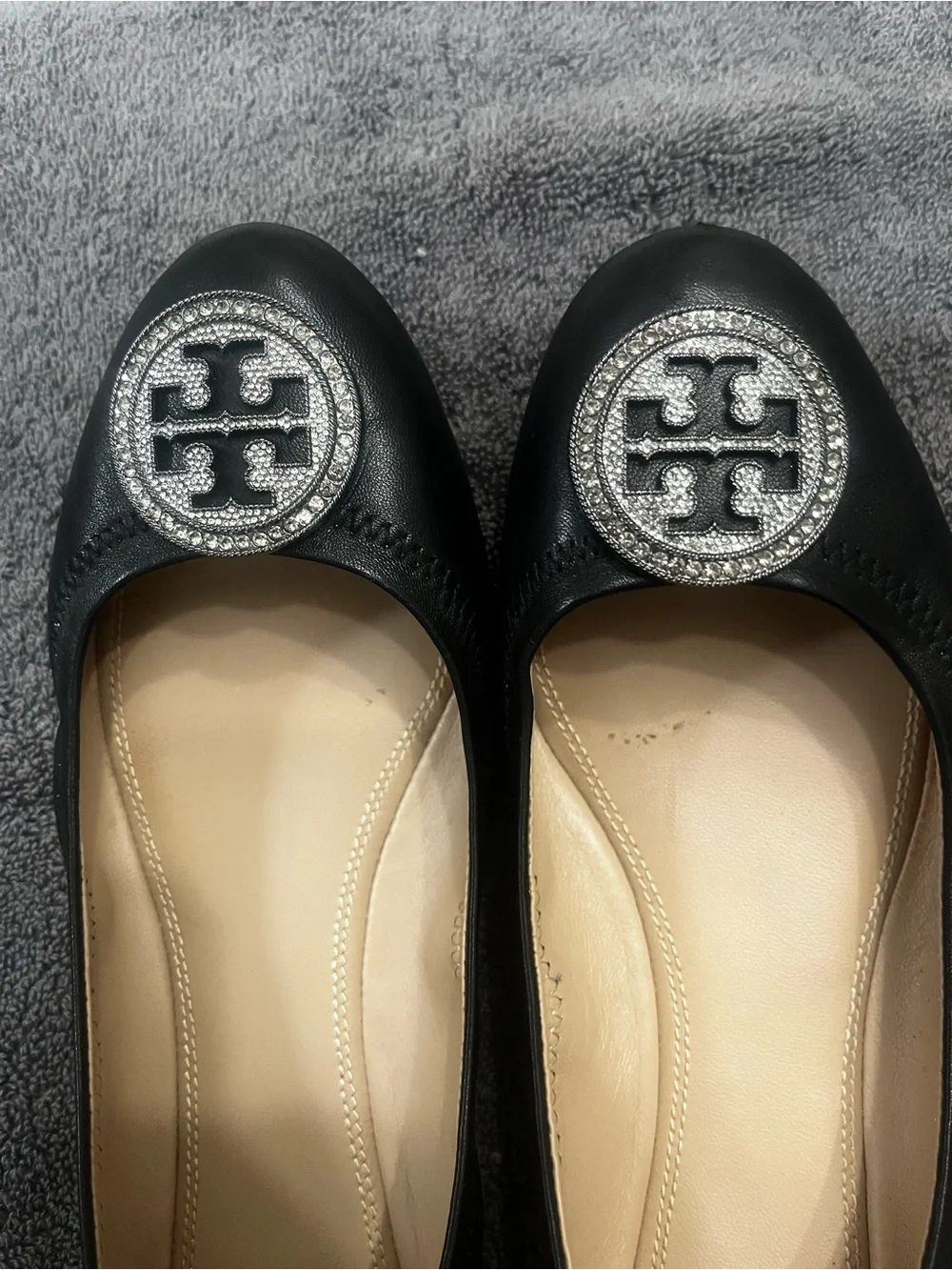 Tory Burch Black Leather Ballet Flats with Crystal Logo Medallions